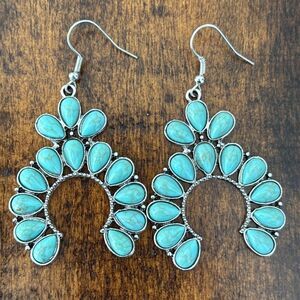 Zuni Style Half-Moon Earrings, Turquoise Accents, 2.5” Drop, Western Cluster